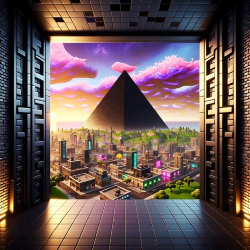 Vue d'une ville avec pyramide au centre à travers une porte d'un bâtiment en pierre noire dans un style jeux vidéo.