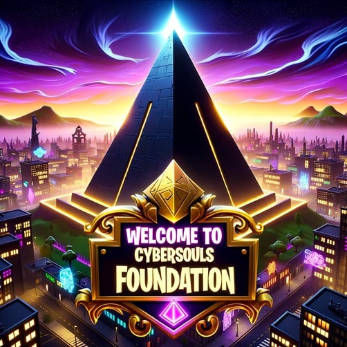 Grande pyramide noire émergeant d'une ville la nuit, avec texte 'Welcome to Cybersouls Foundation' sur un emblème doré.