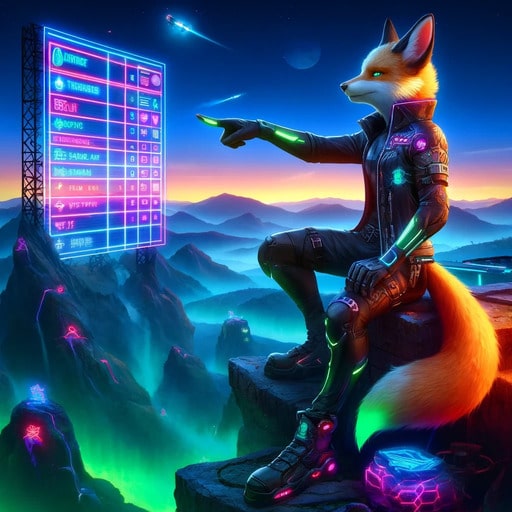 Un renard anthropomorphe dans un costume futuriste pointant vers un tableau de classement néon flottant, assis sur un rocher avec une vue panoramique sur des montagnes et des paysages illuminés par des lumières néon la nuit.