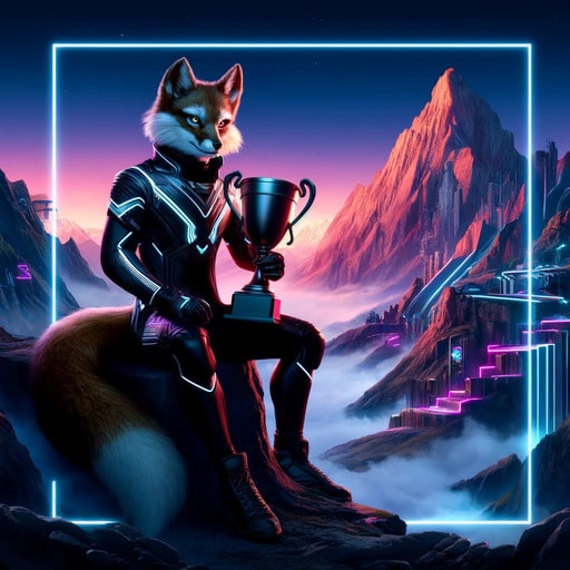 An anthropomorphic fox in futuristic attire holding a trophy, sitting on a rock with a view of mountains and futuristic neon structures at dusk.