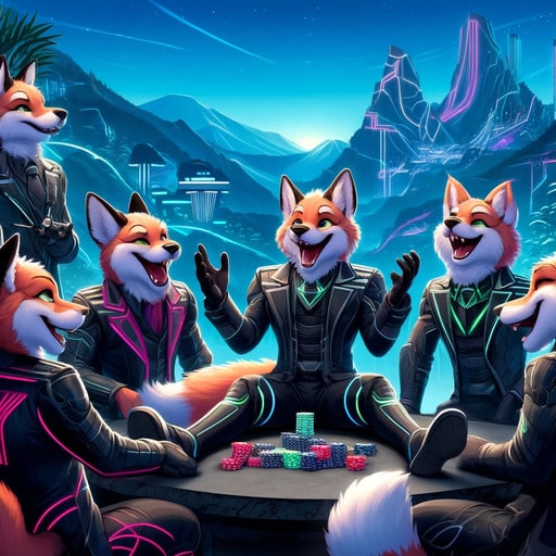 A group of anthropomorphic foxes in futuristic outfits sitting around a table playing, laughing and talking, with a futuristic mountainous landscape and neon structures in the background at dusk.