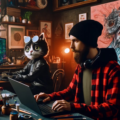 Bearded man in a plaid shirt and beanie working on a laptop next to a cat in a leather jacket and glasses doing the same.