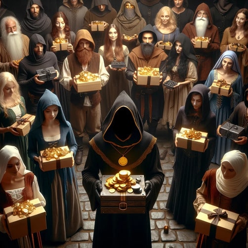 Group of people in medieval costumes holding golden gift boxes.