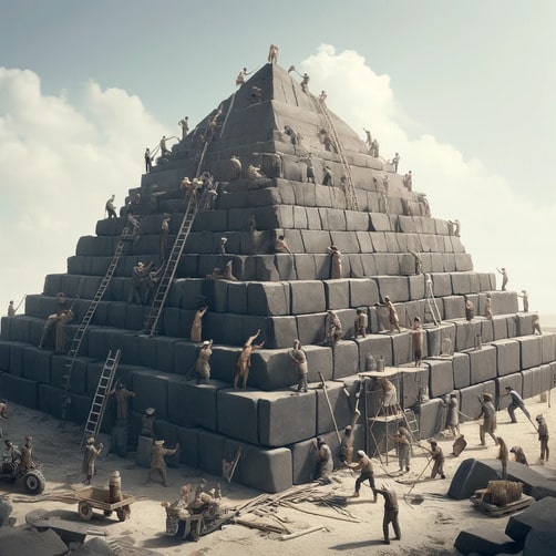 Workers building a large stone pyramid under a clear sky.