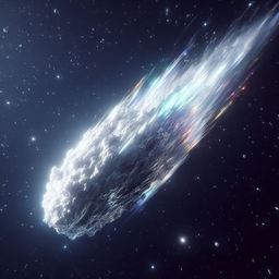 Comète brillante d'Astral traversant un ciel étoilé avec des traînées lumineuses.