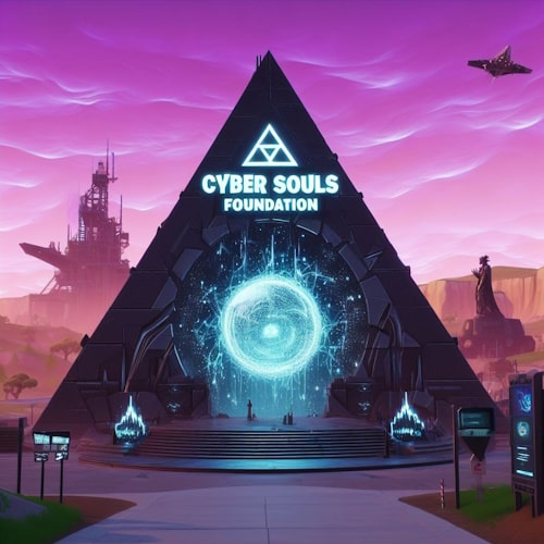 Pyramide de pierre noire affichant 'Cyber Souls Foundation' en néon avec un portail énergétique brillant de couleur bleue au centre.
