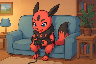 Akitsu sitting on a couch, playing with a game controller.