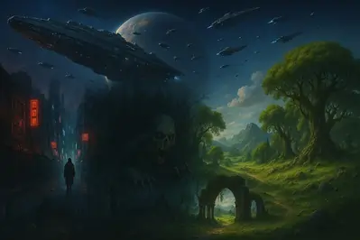 Cyberpunk, horror, forest landscapes, green plains, and spaceships appear together in the same image.
