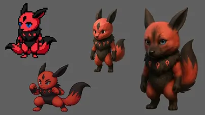 Graphical evolution of Akitsu, from pixel art to a realistic style.