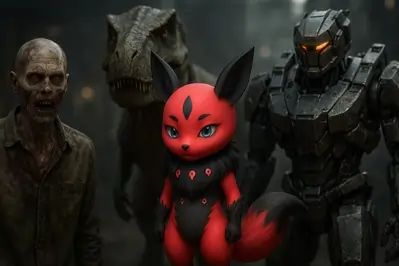 Akitsu surrounded by a zombie, a dinosaur, and a giant robot.