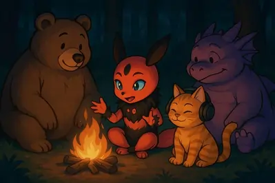 Akitsu is telling a story around a campfire with a bear, a cat, and a dragon in the forest.