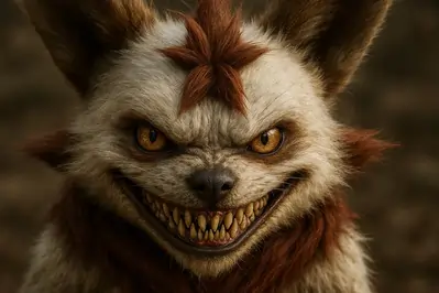 Close-up of Notafox’s face, the evil raccoon, smiling in a creepy way. Very realistic image.